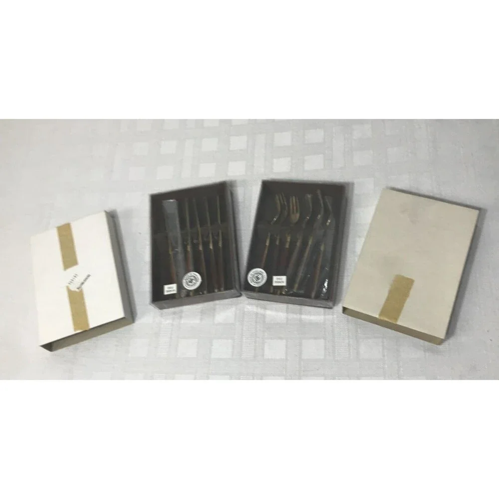 NEW! Williams Sonoma 6 Mini Forks 6 Mini Knives Knife Set Wood Handle Gold 5